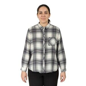 Beach Lunch Lounge Shirt Womens Large Gray Plaid Brushed Flannel Rayon Comfort